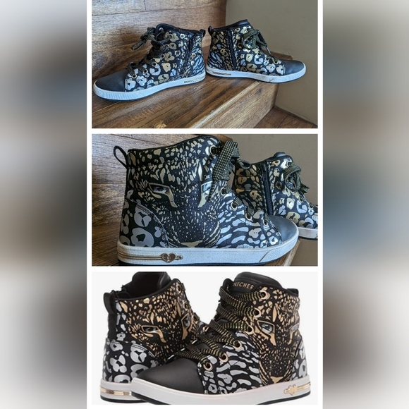 Skechers Unisex-Child Hi Top Sneaker black gold Leopard  Size 2 - Picture 2 of 16